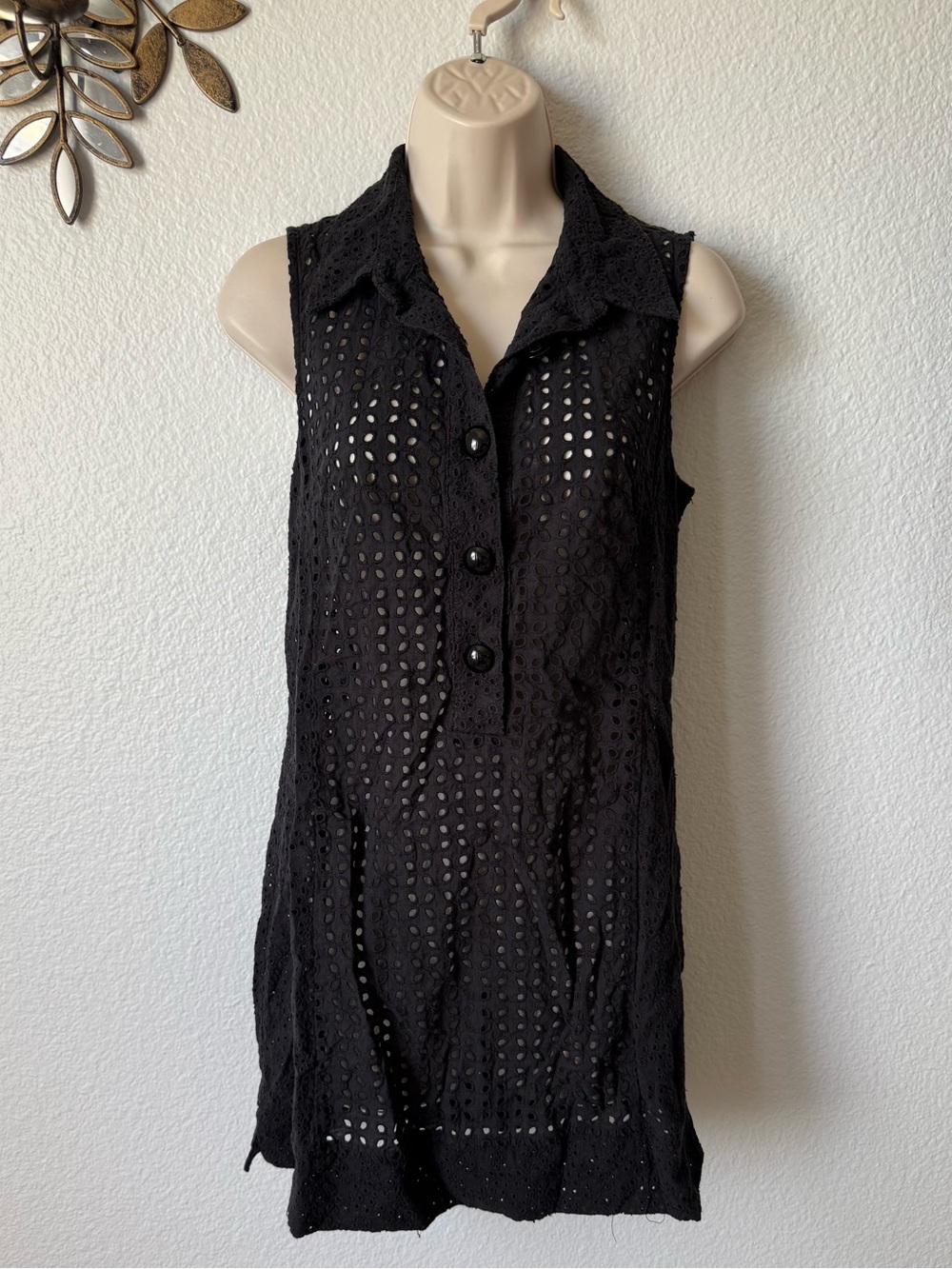 Christina Black Sleeveless Eyelet Button dress